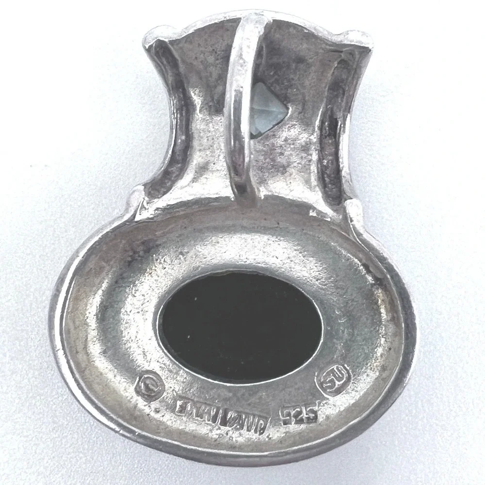 Sterling Silver Slide‎ Pendant Black Onyx Cabochon Faceted Blue Gemstone 925 SU